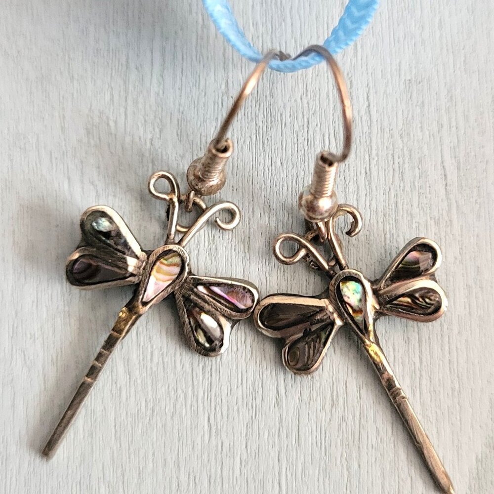 Dragonfly Abalone Shell In Silver Dangle Earrings